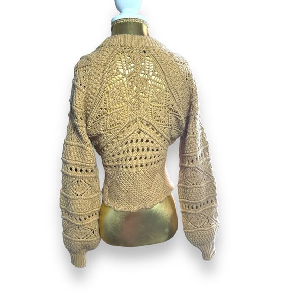 ZARA Wool Brown Chunky Crochet 3D Open Knit Balloon Sleeve Pullover Sweater sz S - Picture 6 of 7